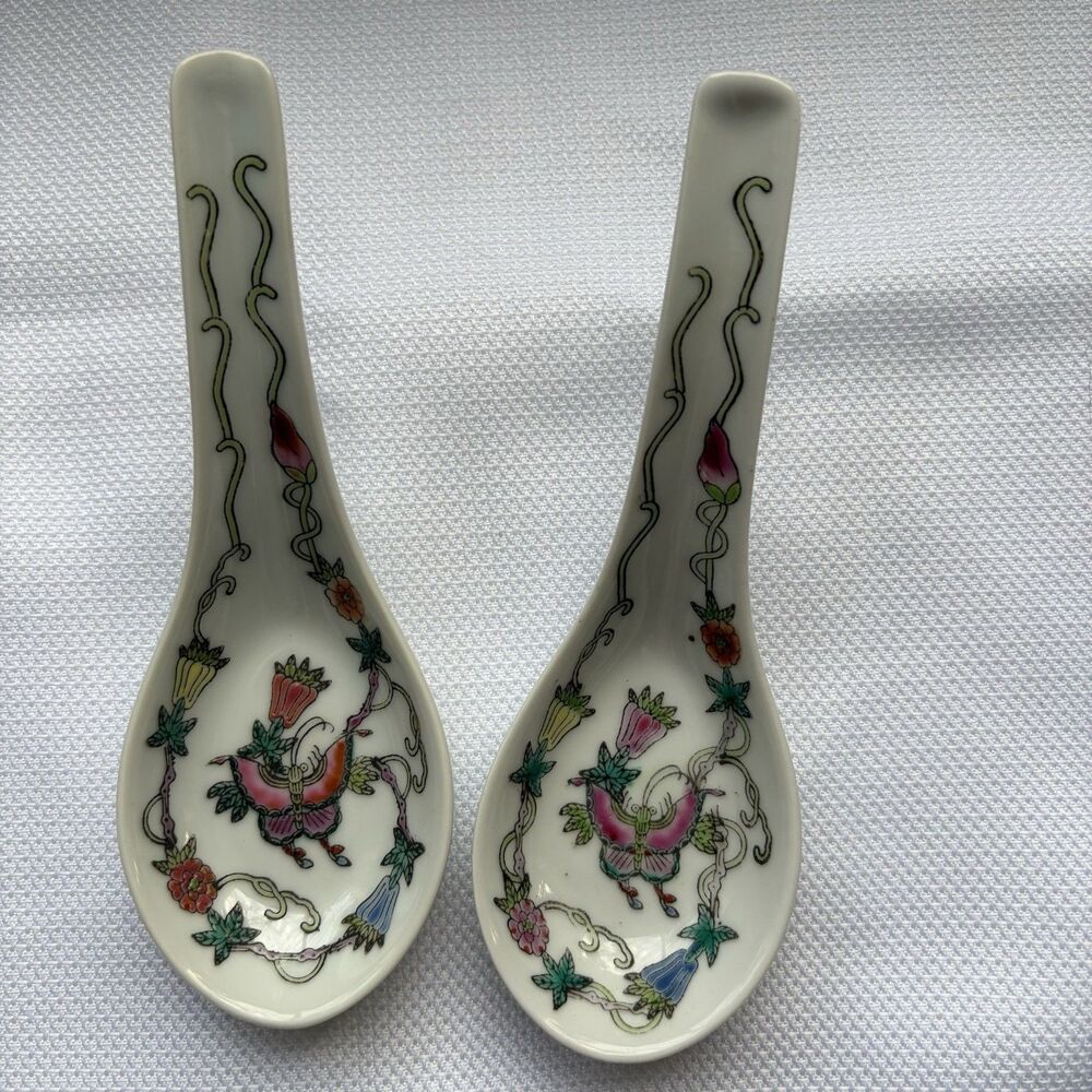 Pair Vintage Chinese Jingdezhen  Soup Spoons+Small Bowl Butterfly Floral Design. - Picture 2 of 11